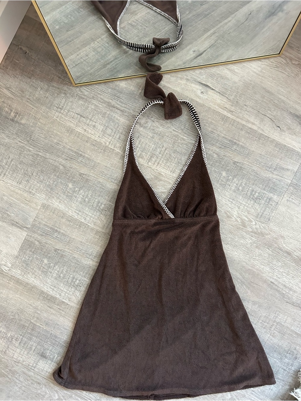 2 Bamboo Brown Terry Cloth Halter Dress Cover Up Size Medium Boho Y2K